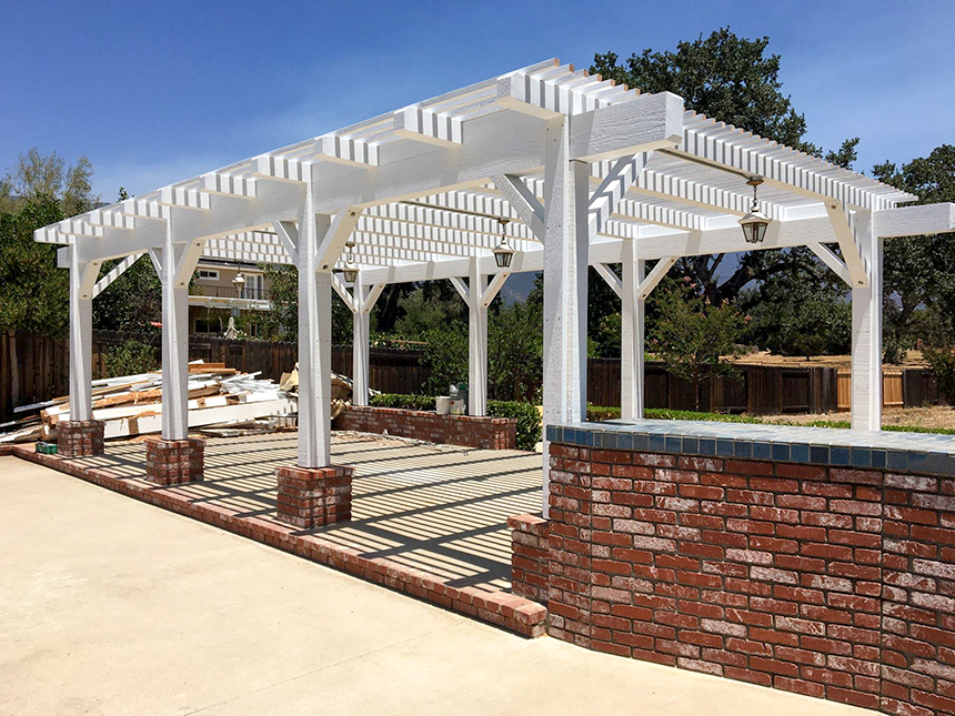 Custom pergola and patio completed by Frank Villierme Construction in Ojai, California.